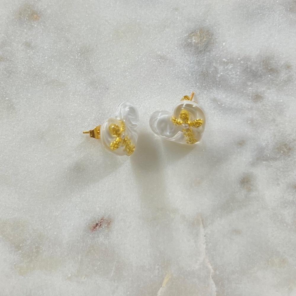 Heart Shaped White and Gold Cross Earrings - Picture 6 of 9